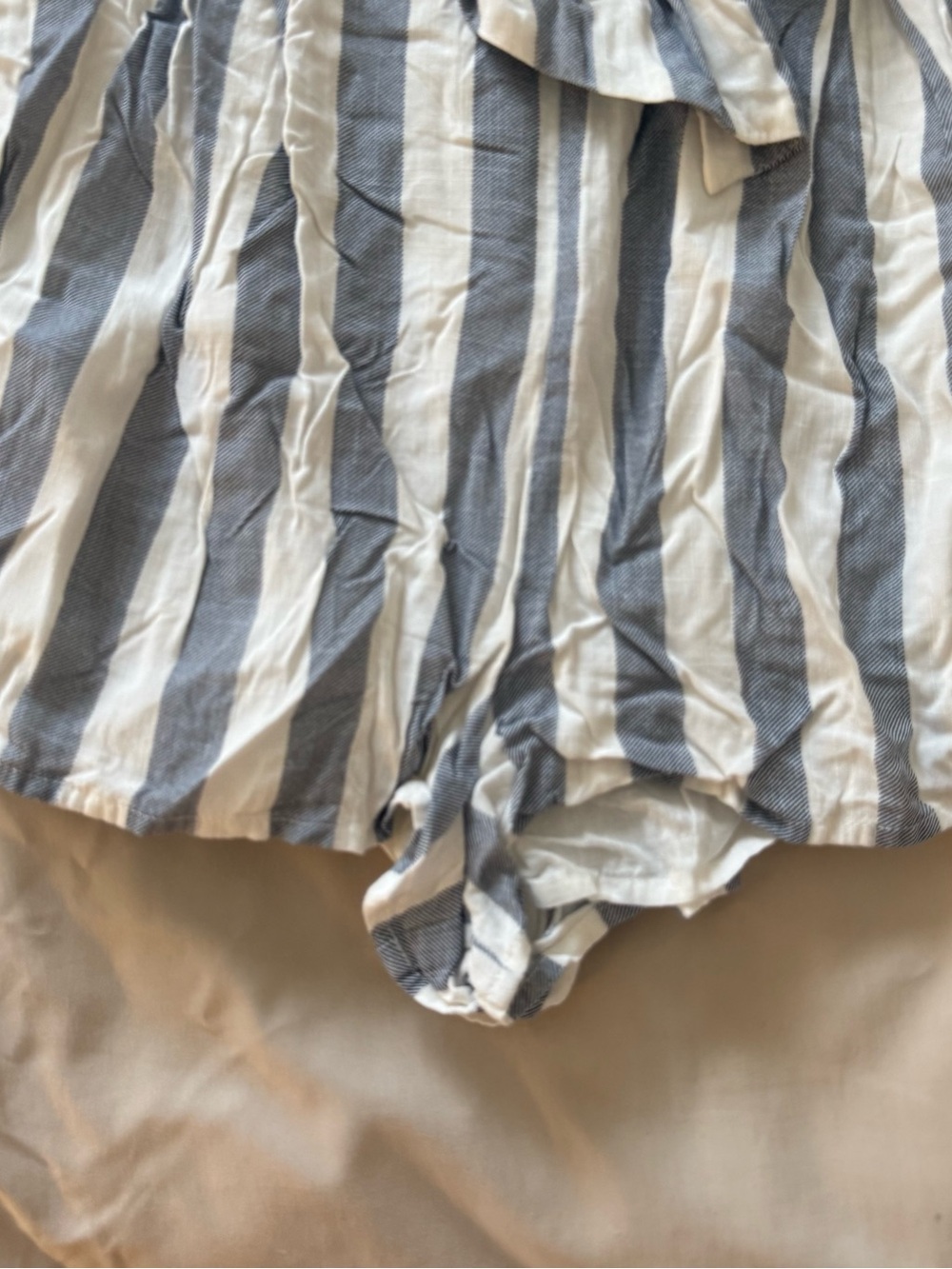 Striped Blue and White Tie-Front Strapless Romper - Picture 3 of 6